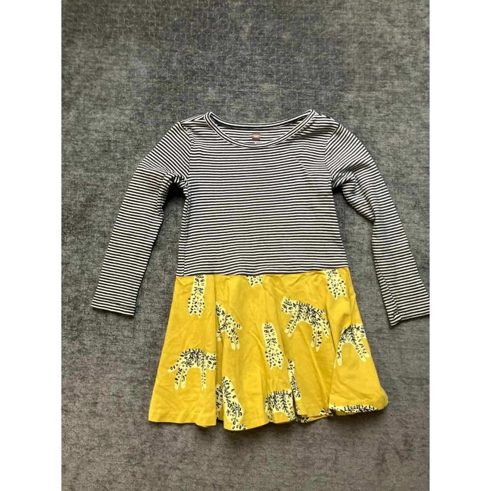 Tea Collection Dress Toddler Girls 4 Black Stripe Yellow Animal Print Round Neck